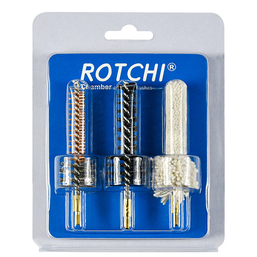 Set 3 in 1 di spazzole per la pulizia della camera del fucile, confezione in blister e cartoncino. Disponibile